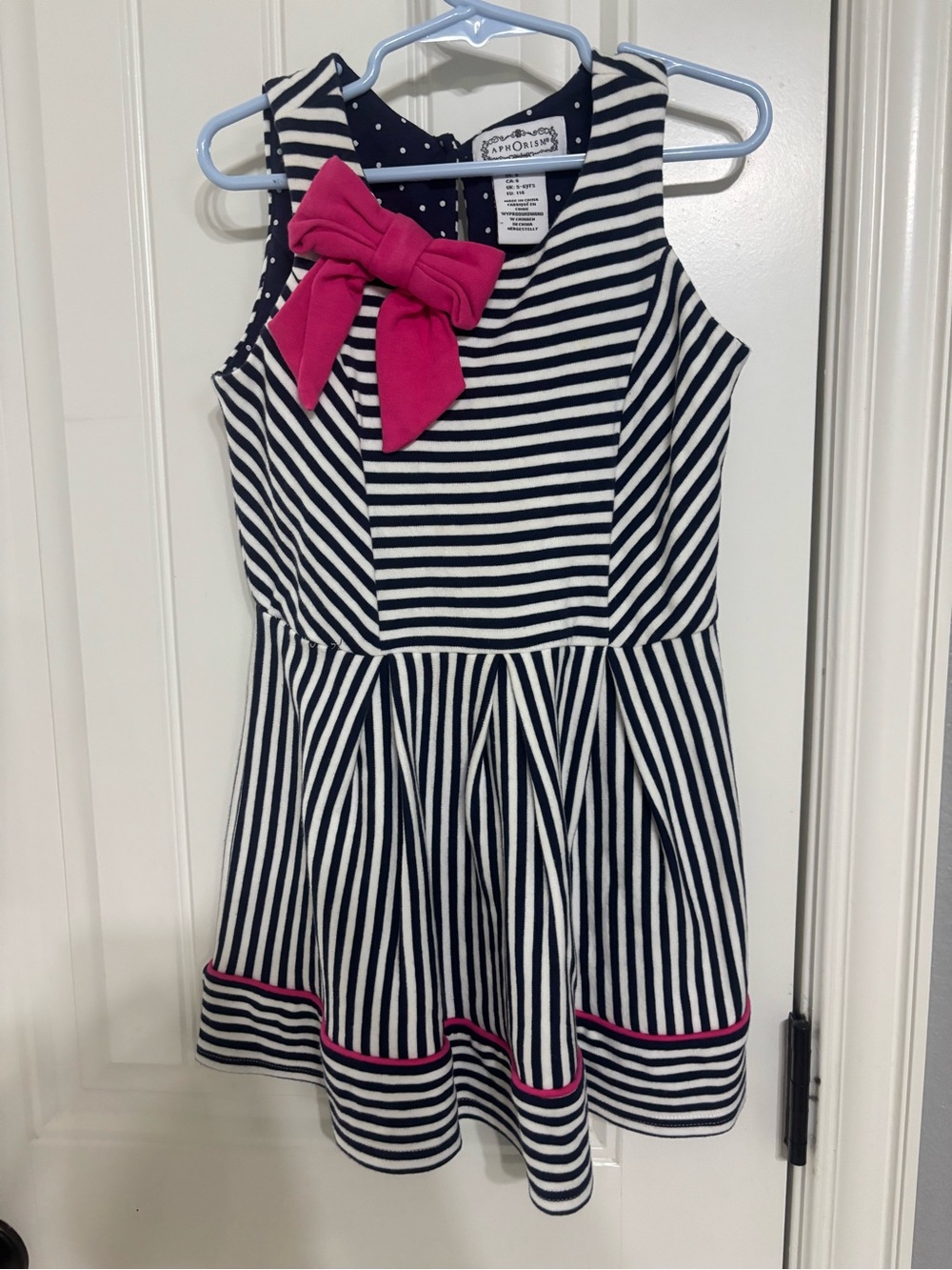 Aphorism Navy & White Striped Dress with Hot Pink Bow